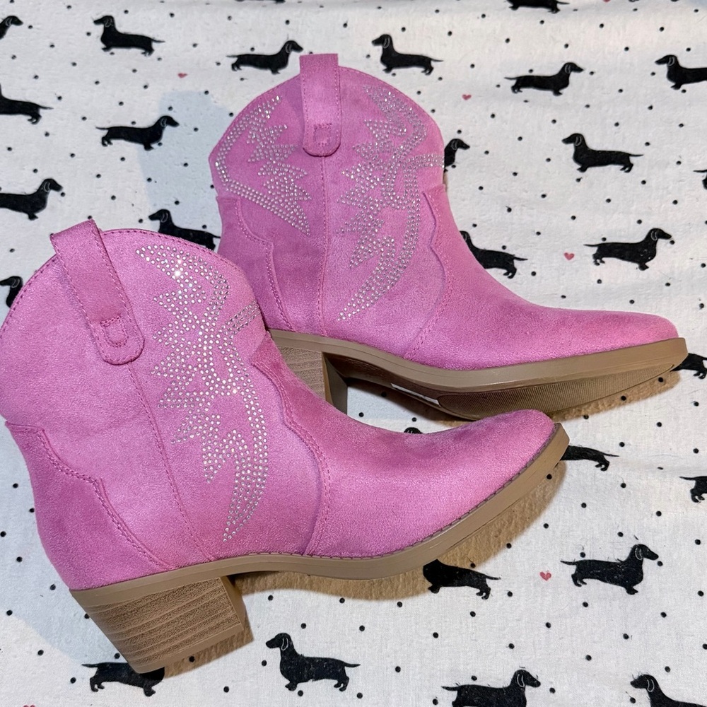 Pink Suede Western Ankle Boots with Rhinestone Accent